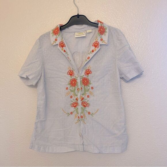 Anthropologie Maeve blue orange Floral embroidery Christie Buttondown blouse 2 - Picture 2 of 12